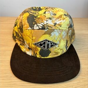 “Camp Original Co” 5 Panel Yellow Camo Cap with Brown Faux Suede Brim NWOT